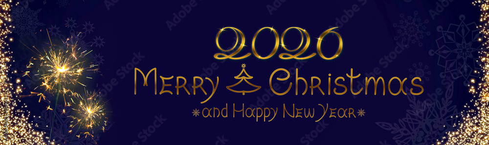 Fototapeta premium Merry Christmas and Happy New Year 2026 handwritten lettering phrase and sparkler lights .