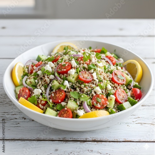 Healthy Quinoa Salad Close-Up with Vegetables, Feta Cheese, and Lemon Garnish 