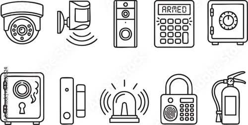 Collection of black outline security and safety icons including camera safe alarm and extinguisher