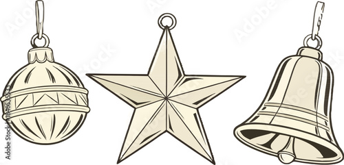 Golden Christmas ball, star, and bell, isolated on transparent background, perfect for festive decoration projects and holiday graphics.