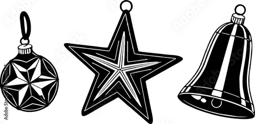 Black Christmas ball, star, and bell, isolated on transparent background, perfect for modern, elegant holiday designs and decorations.