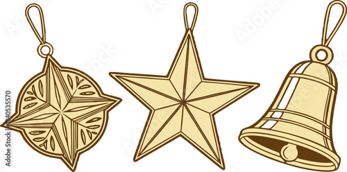 Golden Christmas decorations: ball, star, and bell isolated on transparent background, ideal for holiday designs, invitations, and seasonal artwork.