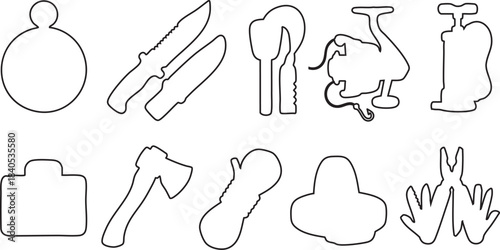Collection of black silhouette icons representing outdoor and survival gear vector