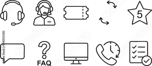Collection of black outline icons representing customer service and support elements headset microphone