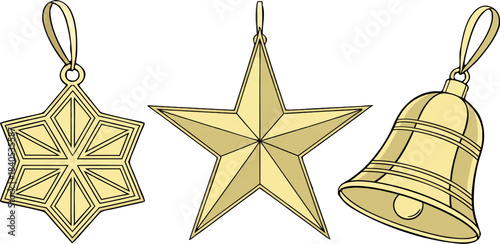 Golden Christmas decorations including a ball, star, and bell, isolated on transparent background, perfect for holiday designs and projects.