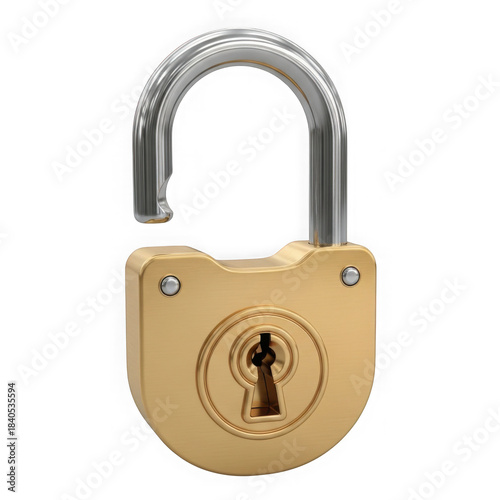 Golden padlock open isolated on transparent background