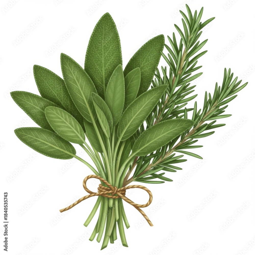 Fototapeta premium Fresh Sage and Rosemary Herb Bundle Illustration