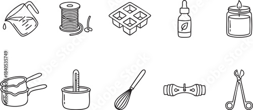 Collection of hand drawn line art icons for candle making supplies equipment tools
