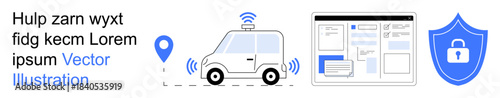 Autonomous technology, location tracking, digital security, smart transportation, web interface, data protection. Self-driving car, location pin website layout security shield. Smart transportation