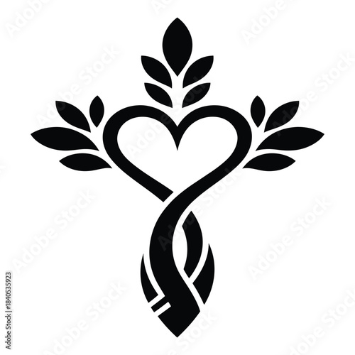 Heart Shaped Cross with Leaves Symbol Artwork