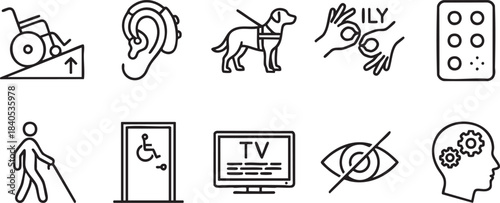 Collection of line art icons representing accessibility and disability support services vector