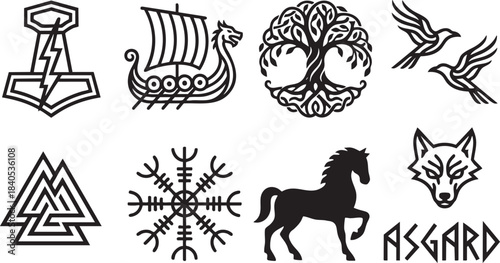 Collection of Norse mythology symbols including Thor's hammer Viking ship tree of life wolf and runes