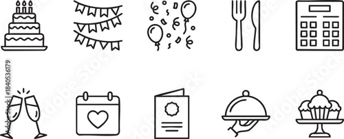Collection of simple line art icons for celebrations and events like birthdays and parties cake