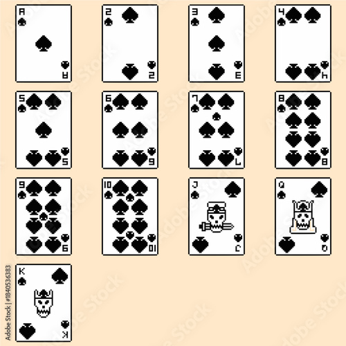 Complete Set of Spades Suit Retro 8-bit Pixel Art Playing Cards
