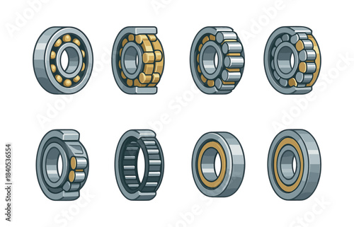 Ball and roller bearings, flat vector illustration, mechanical components set