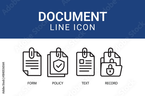 Document Line Icon Set Featuring Forms, Policy Files, Text Pages and Secure Record Attachments for Office UI