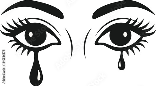 Minimalist silhouette eyes crying tears, emotional black and white vector art