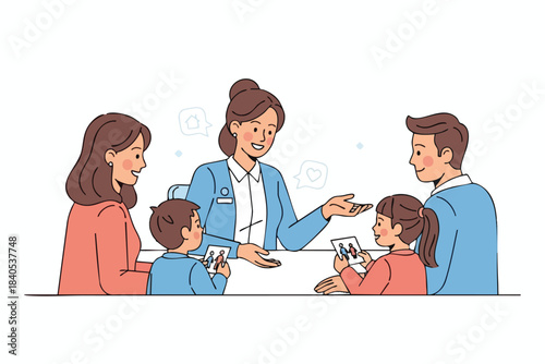 Friendly agent discusses options with a family, showing them photos