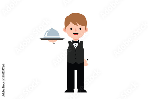 Smiling server in black vest and bowtie holds silver cloche