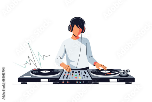 Person wearing headphones using turntables and mixer to create music