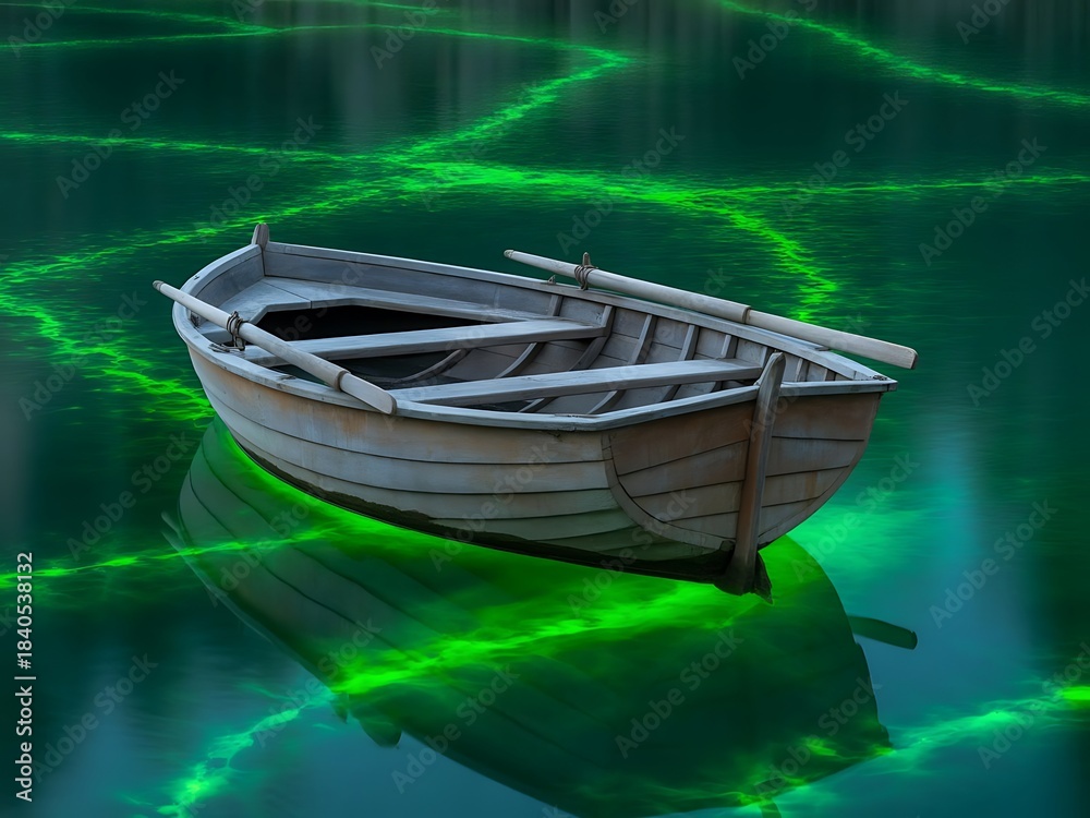 Wooden rowboat floats serenely upon mysterious dark green water illuminated by strange glowing neon light patterns