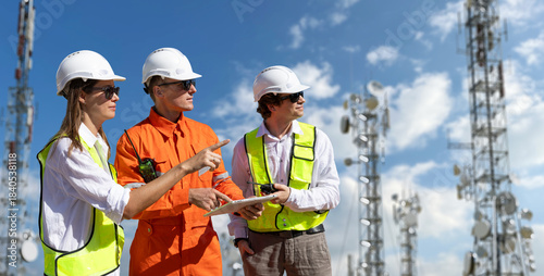 Engineers inspecting communication towers for 5G, 6G, and radio internet infrastructure