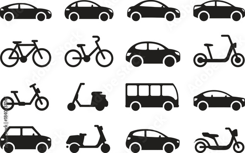 Minimal silhouette icon set of cars, bicycles and electric scooters, perfect for transportation apps, ride-sharing graphics and urban mobility designs