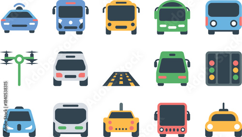Colorful transport and mobility icon set featuring cars, buses, traffic lights, drones and road elements, perfect for navigation apps, smart city graphics and travel them