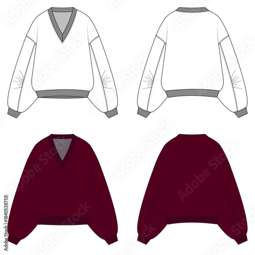 Women’s, Unisex Oversized Sweatshirt Technical Flat Sketch with gather details and Front and Back CAD Template, mockup