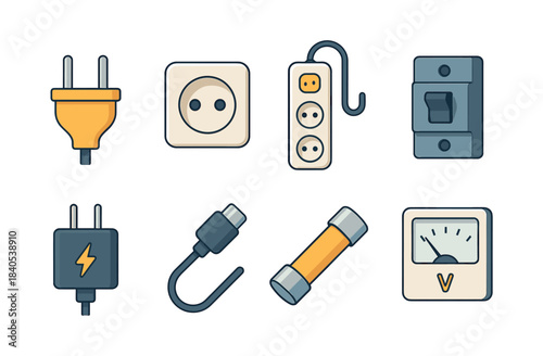 Electrical components set, plugs, switches and sockets, flat vector illustration