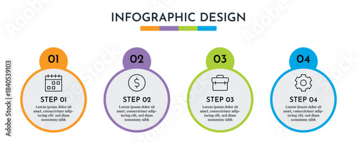 4 Step Circular Infographic Layout Template with Colorful Circles and Line Icons, Modern Business Process Abstract Design Illustration