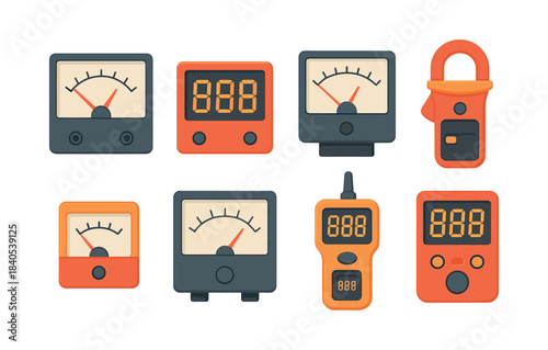Analog and digital meters, measurement tools, flat vector illustration