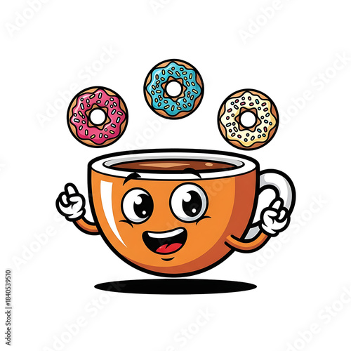 Cartoon Coffee Cup Juggling Donuts Isolated On White Background