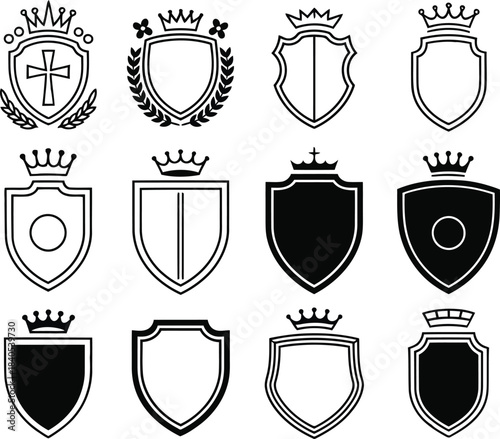 Collection of heraldic shields with crowns and various emblems