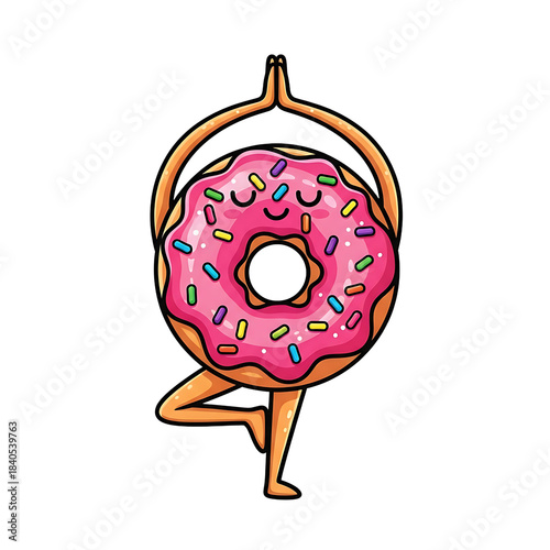 Cartoon Donut With Rainbow Sprinkles Doing Yoga Isolated On White Background