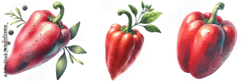 Three red bell peppers with green stems and leaves in a watercolor style art