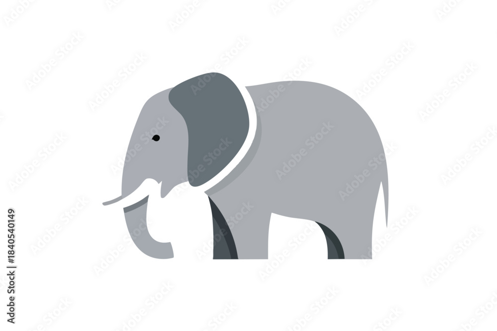 Fototapeta premium Stylized grey elephant with white tusks and a black eye on white background