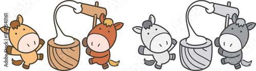 午年のお正月に使える餅つきをする2匹の馬のベクターイラストセット