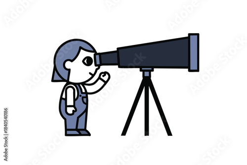 Cartoon child observes with dark blue telescope on black tripod