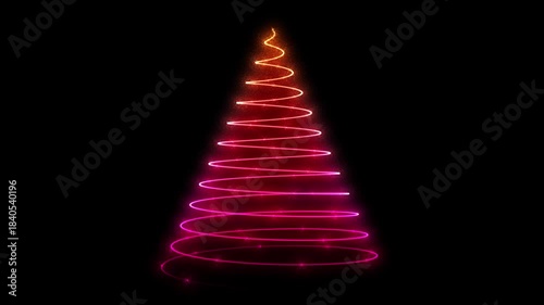 Glowing pink and gold neon spiral Christmas Tree and shiny glittering particles. Festive Christmas overlay animation with transparent alpha channel.