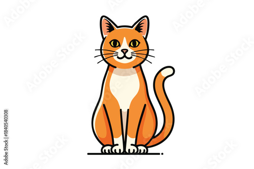 A cute cartoon orange and white cat sits patiently on a white background