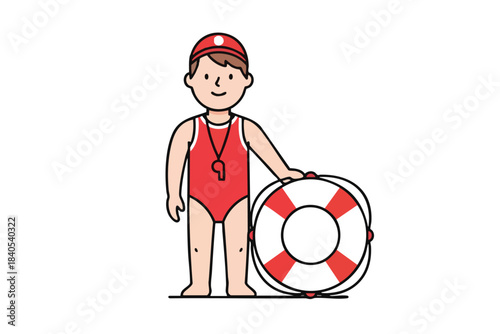 Cartoon lifeguard in red, whistle, cap, holding a red-white lifebuoy