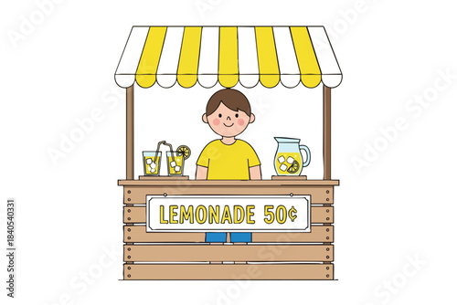 Child sells lemonade from a striped stand, with drinks and 50¢ sign