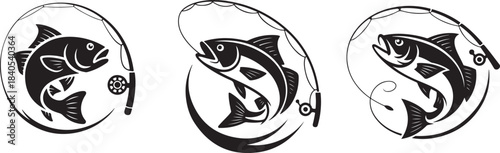Set of fishing emblems with fish and rods in circular frames for sports branding