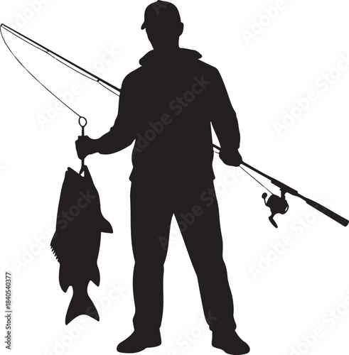 Silhouette of a fisherman holding a fishing rod and a freshly caught fish outdoors