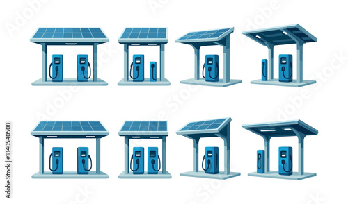 Electric vehicle charging stations collection, solar panels, flat vector illustration