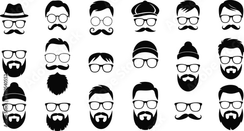 Black and white illustration set of men faces with beard, mustache, glasses, hipster style collection, modern minimalist design