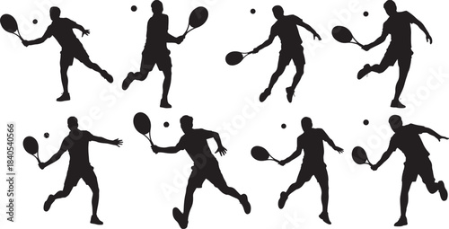 Set of male tennis player silhouettes in various action poses with rackets