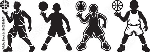 Set of basketball player silhouettes with different uniform styles holding ball