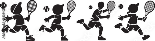 Collection of tennis player silhouettes with rackets and balls